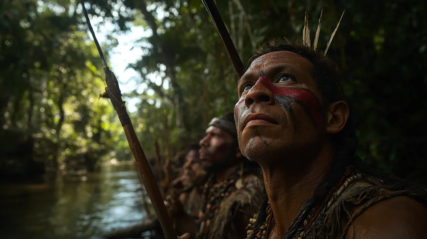 Indigenous men with traditional face paint and feather adornments in a forested river setting, holding spears.