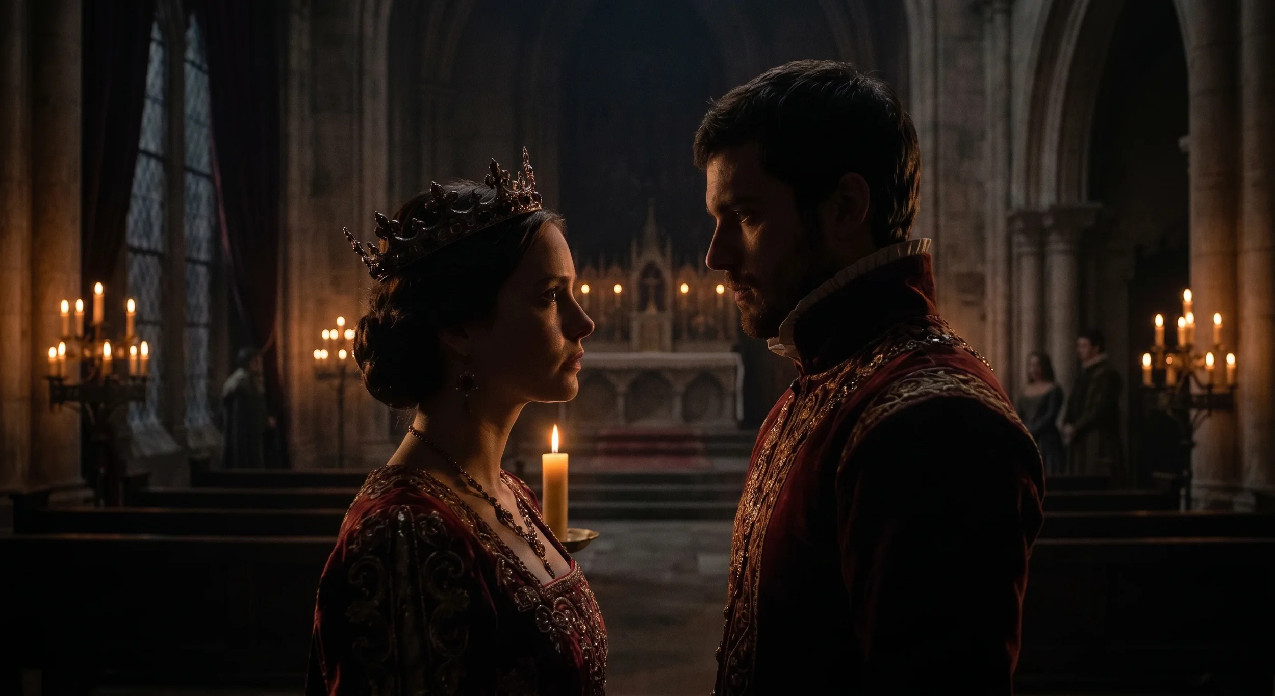 A man and woman dressed in medieval clothing standing close together inside a cathedral with lit candles, facing each other.