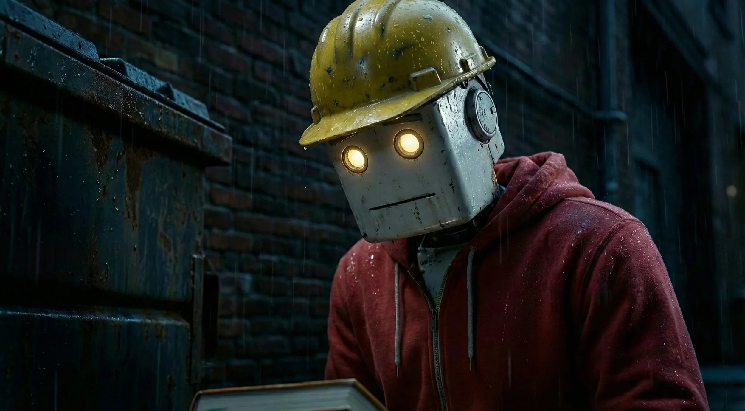 A robot wearing a yellow hard hat and red hoodie standing in the rain, near a brick wall and metal structures.