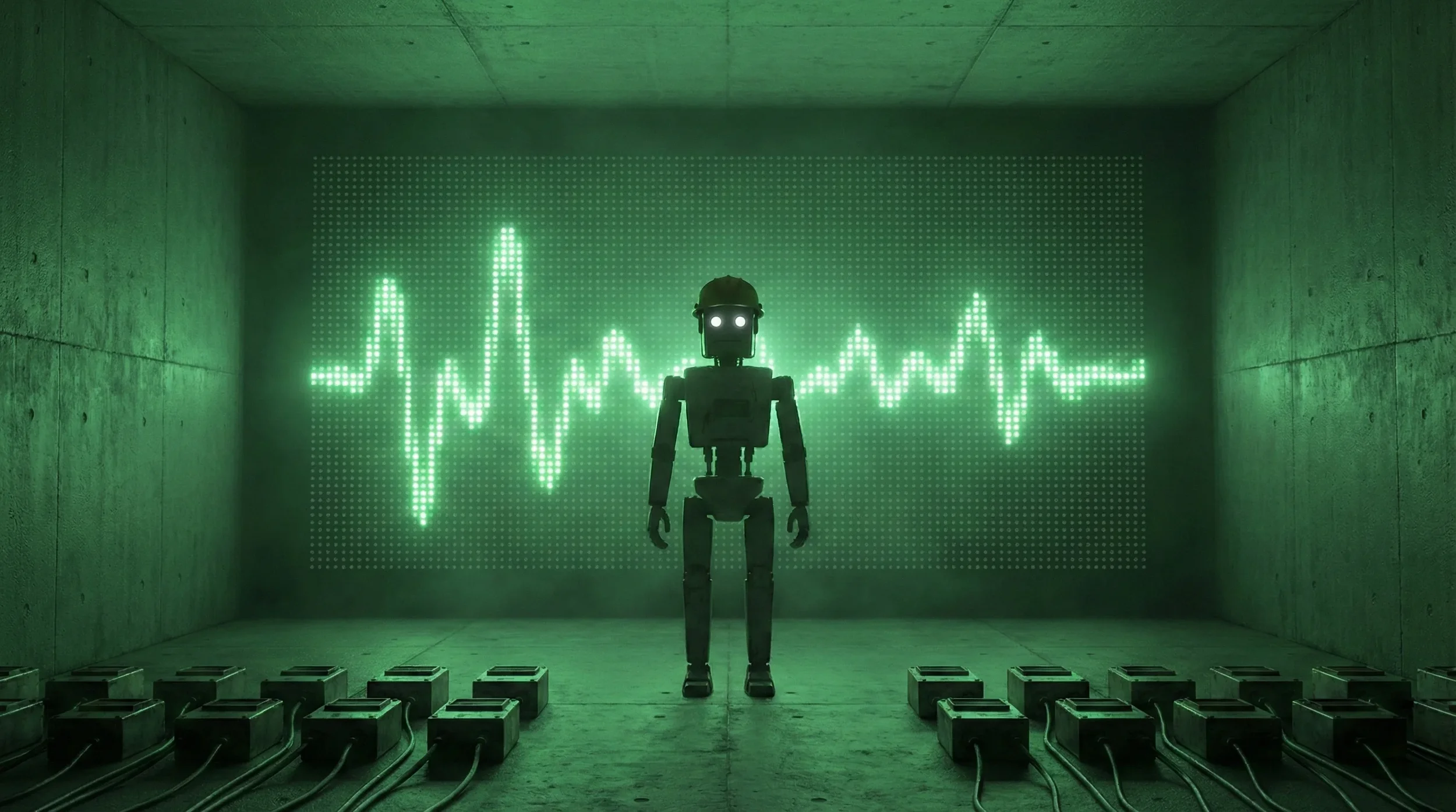 A robot standing in a gray concrete room with a green digital heartbeat monitor display on the wall behind it. The room has a greenish tint with wires on the floor.