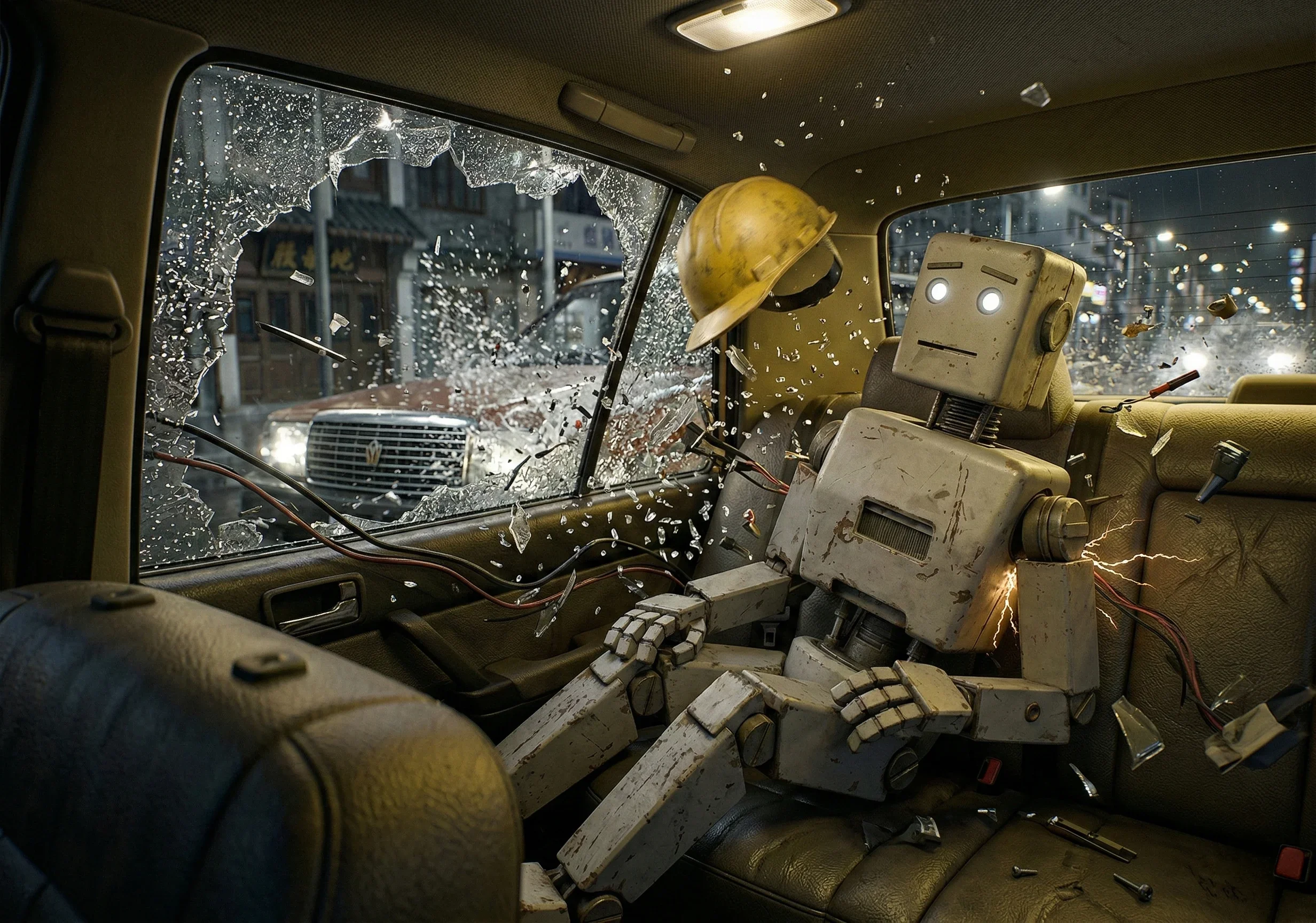 The image shows the interior of a vehicle with broken and shattered windows, with debris, a yellow hard hat, and a robot with glowing eyes in the passenger seat. The dashboard and seats are damaged and scattered with parts and tools.