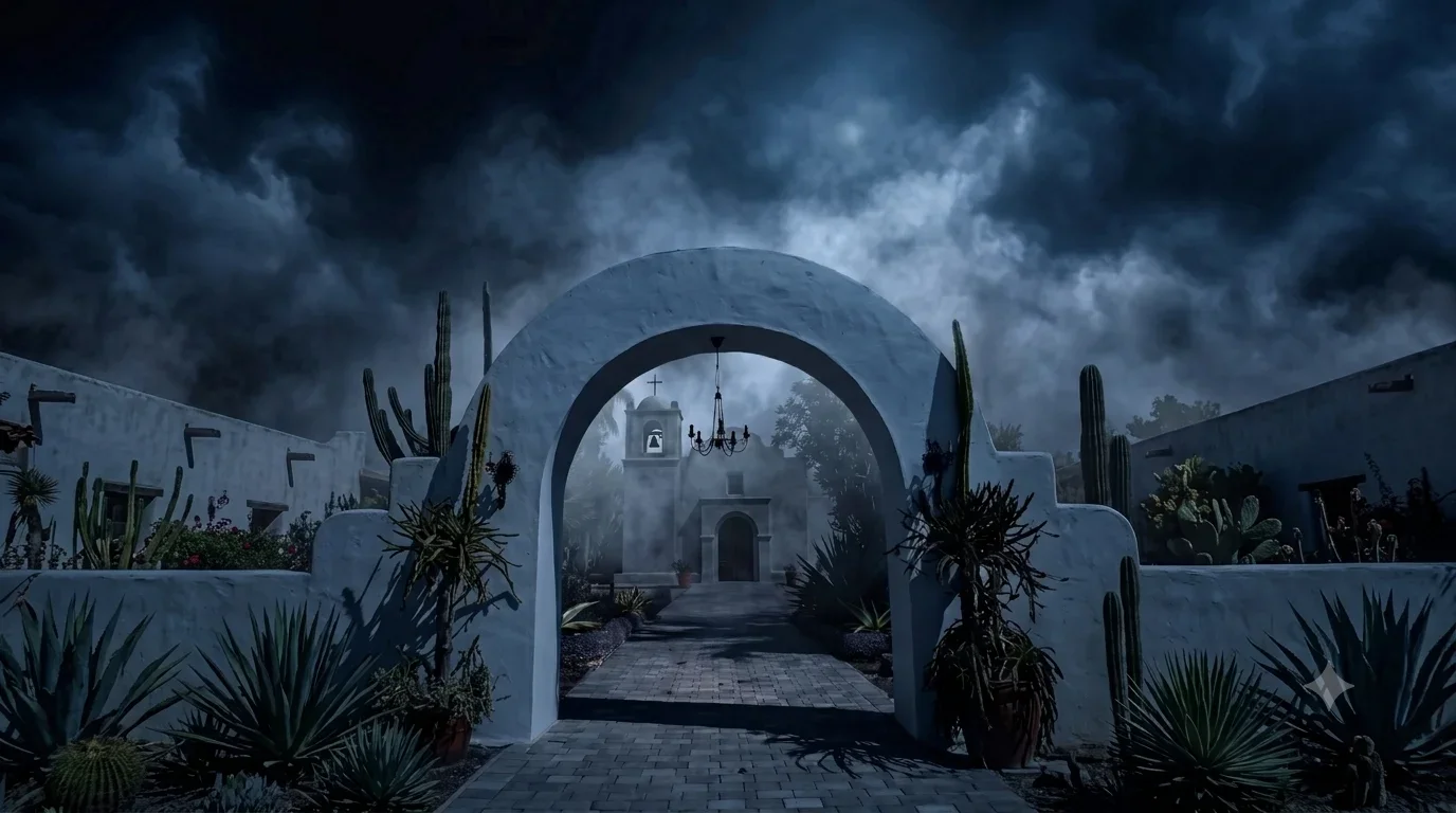 Nighttime view of a southwestern-style courtyard with white stucco walls, cactus plants, and a central archway, leading to a small church or chapel in the background under a dark, cloudy sky.