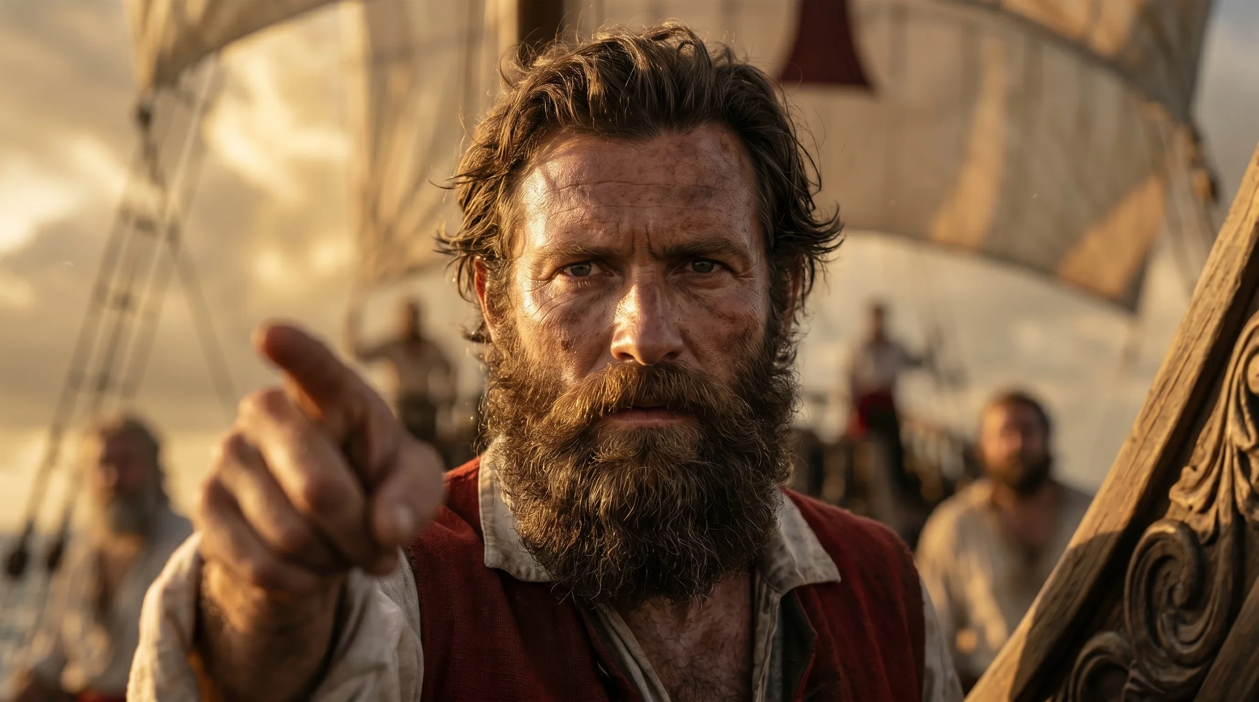 A bearded man with dirty face pointing directly at the camera on a ship with other crew members in the background.