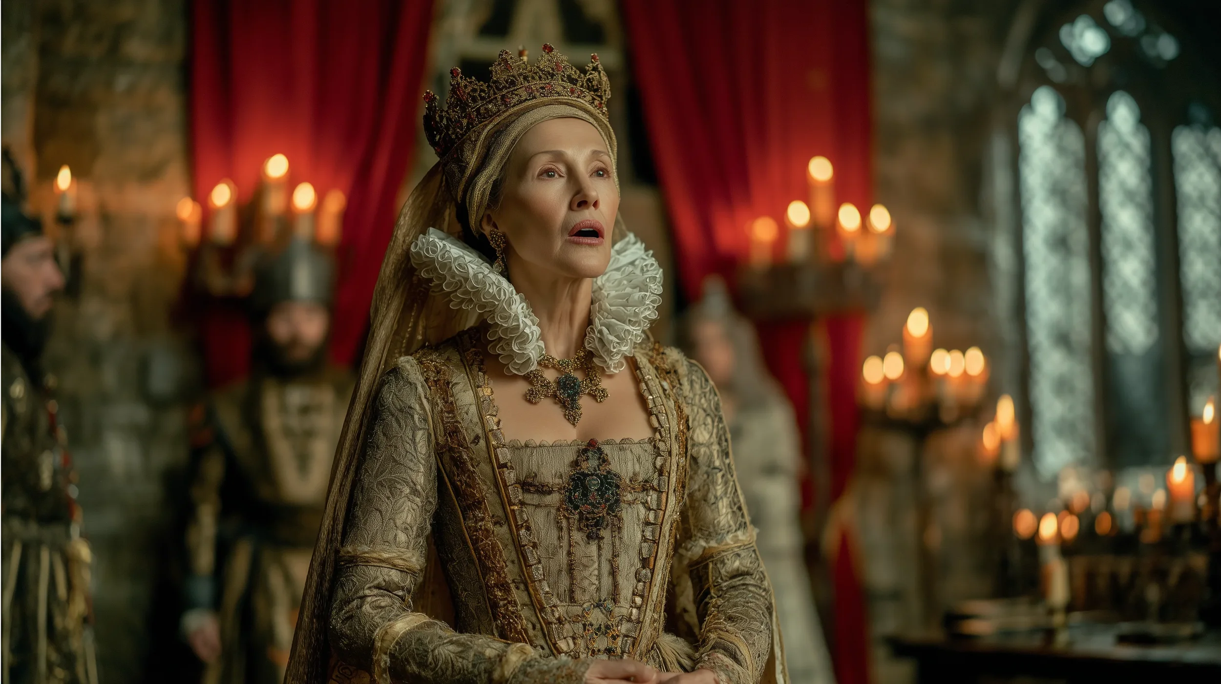 An elderly woman dressed in regal, ornate clothing with a large ruffled collar, wearing a crown and jewelry, stands in a decorated room with candles and red drapes.