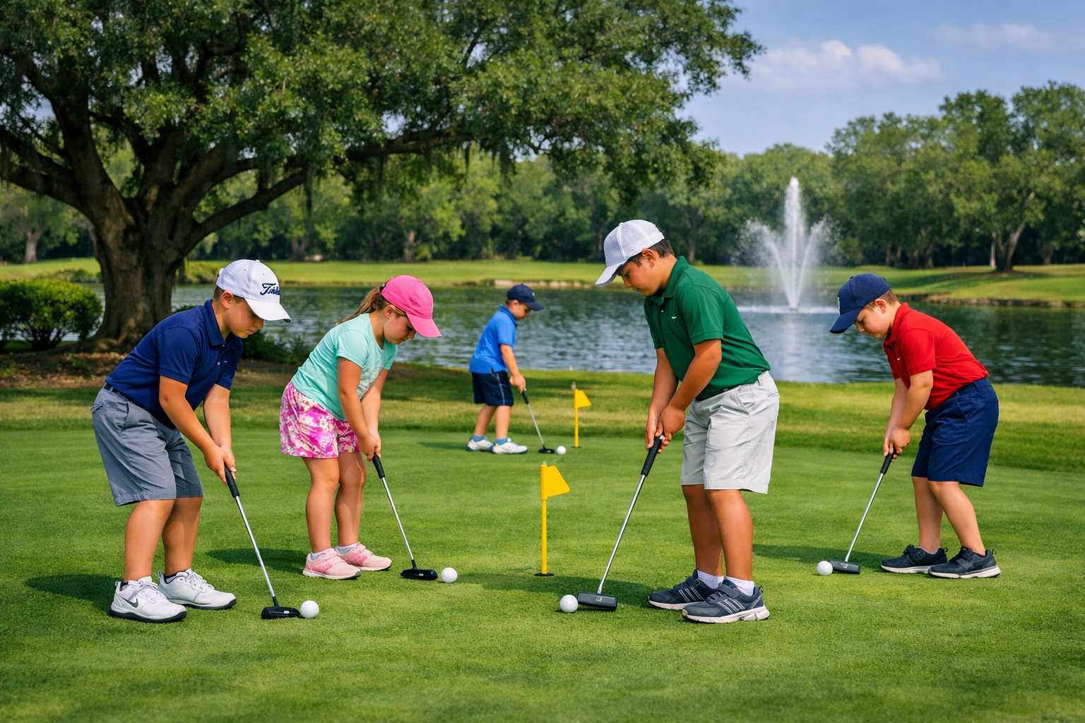 Children practicing putting golf on a green near a lake and fountain on a sunny day.