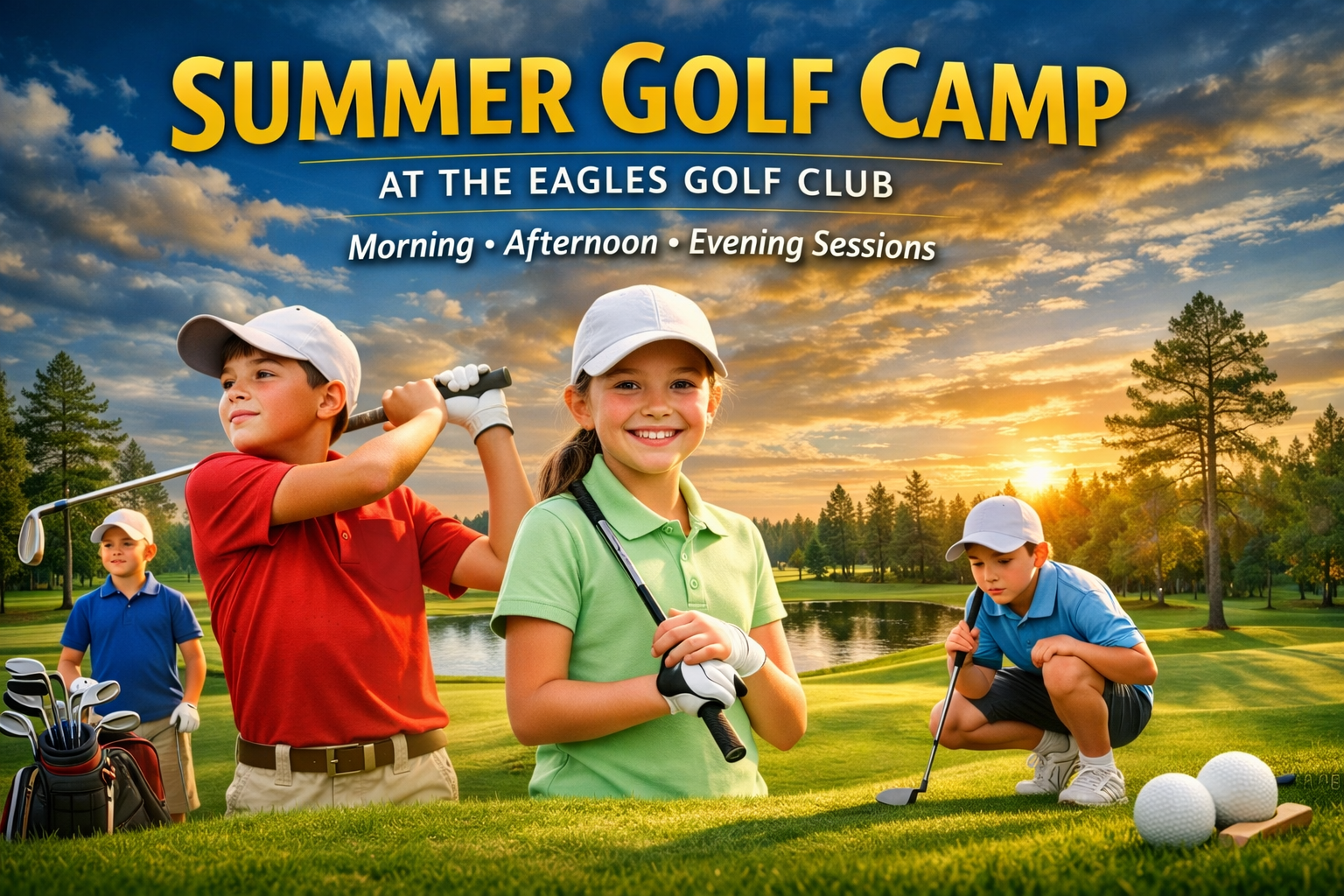 Children playing golf on a lush green course during sunset, with trees and a lake in the background, advertising a summer golf camp.