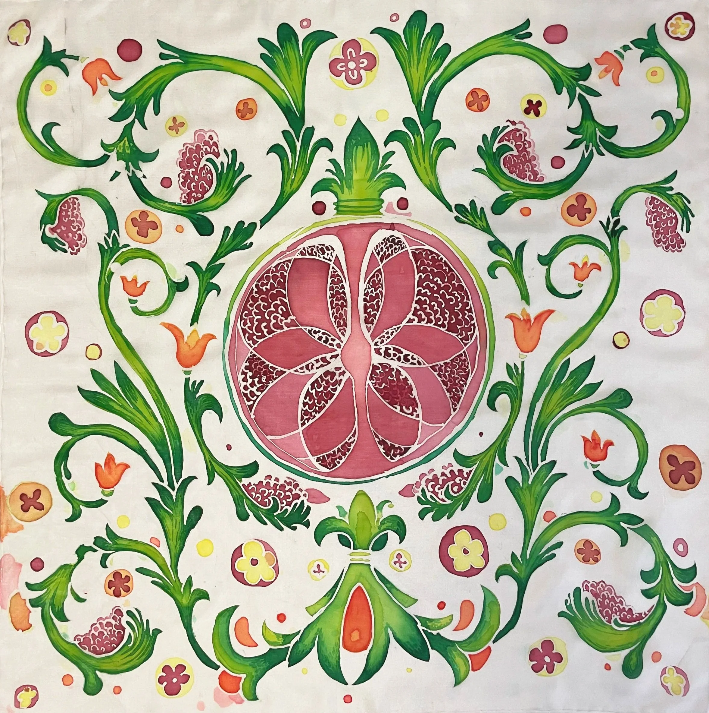 Pomegranate scarf, batik on silk, 2.5 ft x 2.5 ft, 2024