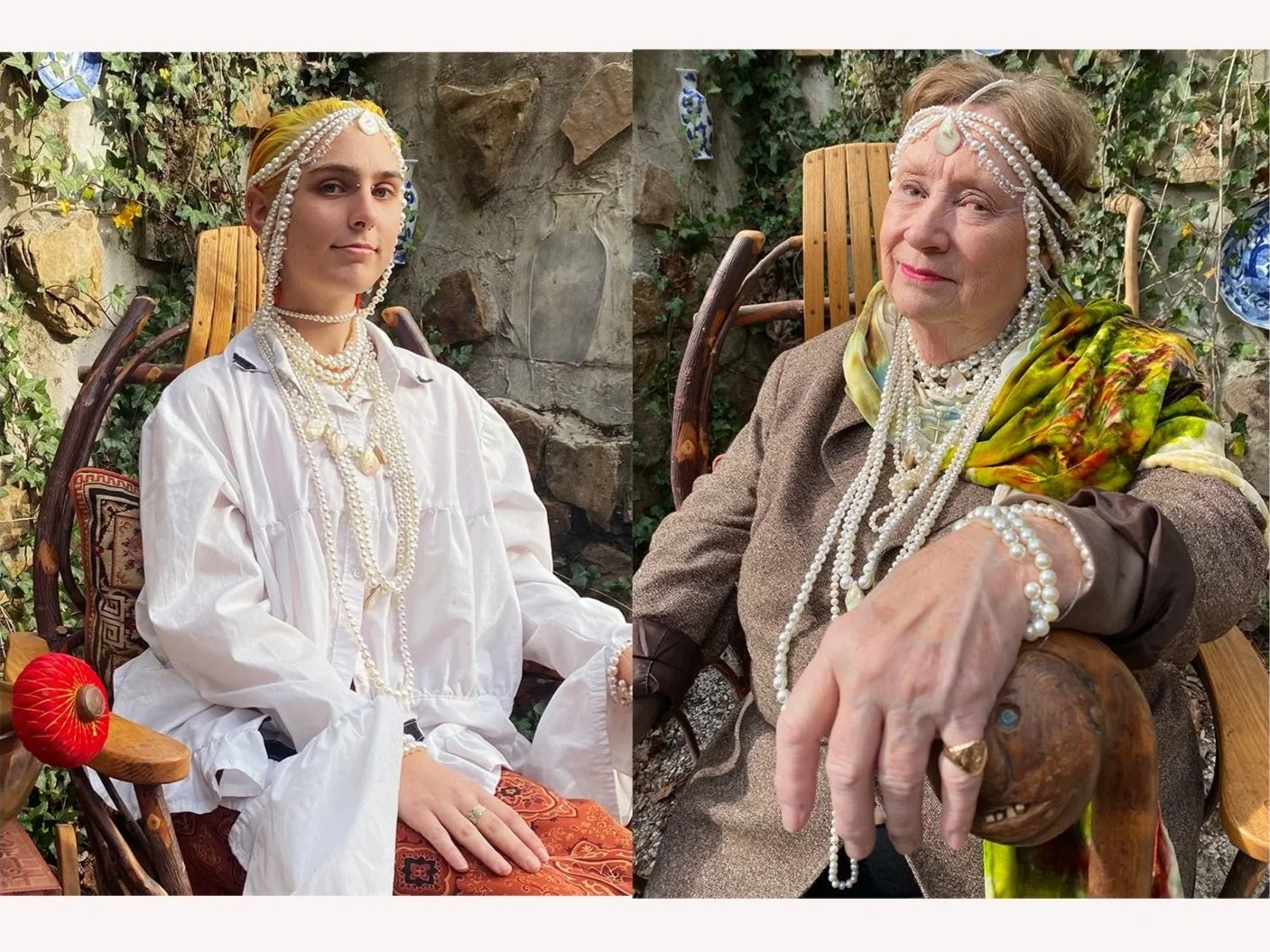 Pearl Girls, Grandmother and Granddaughter adorned in wearable pearl headpiece, 2022