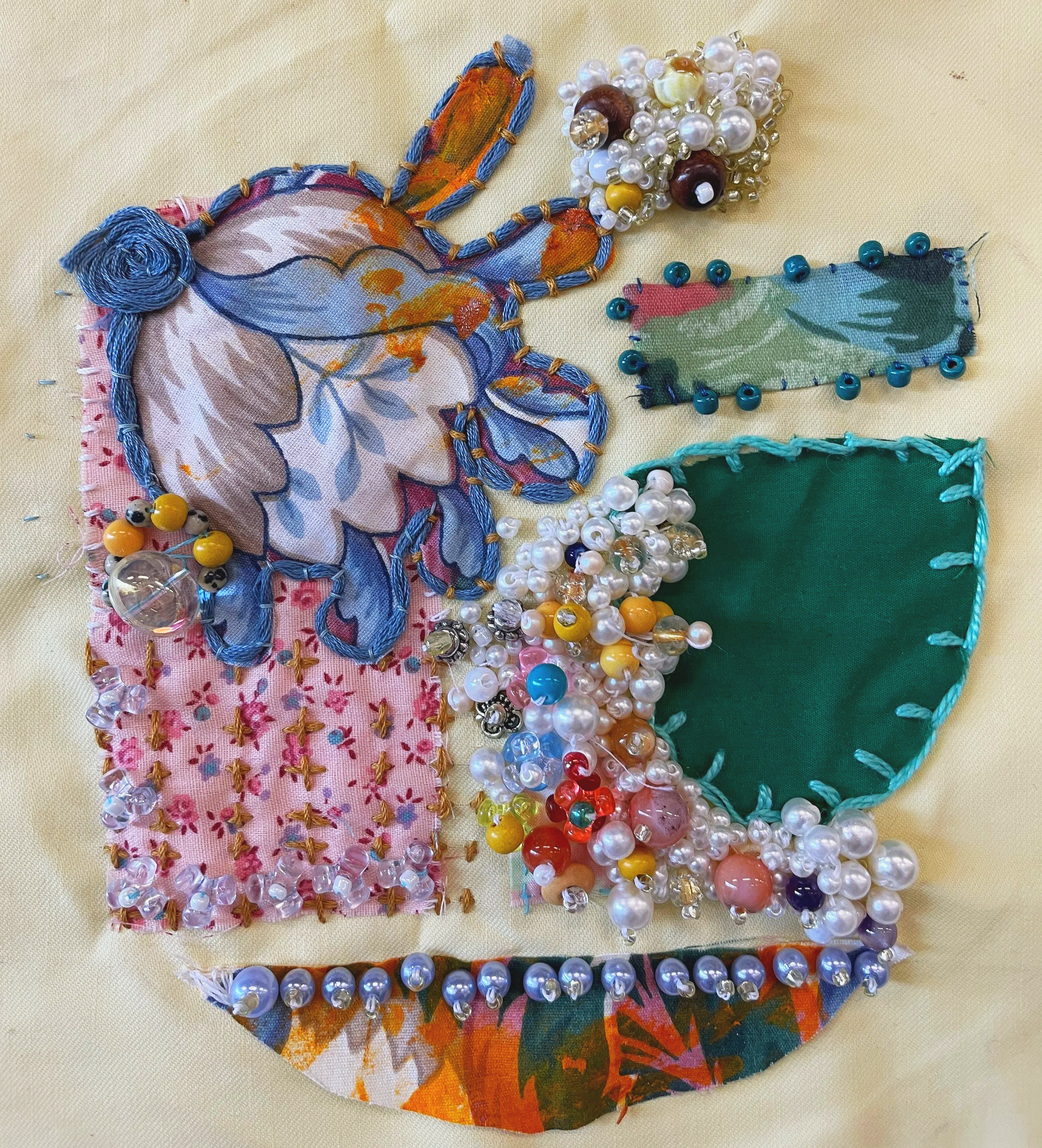 Beaded Flowers, embroidery, beading, aplique, 5"x 7", 2023