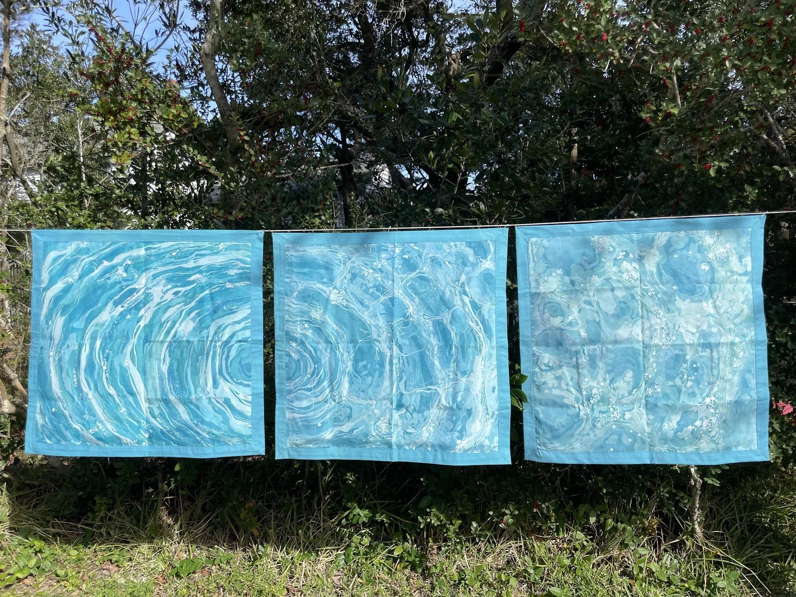 Ripple Effect, batik on silk, 3 ft x 9 ft, 2025
