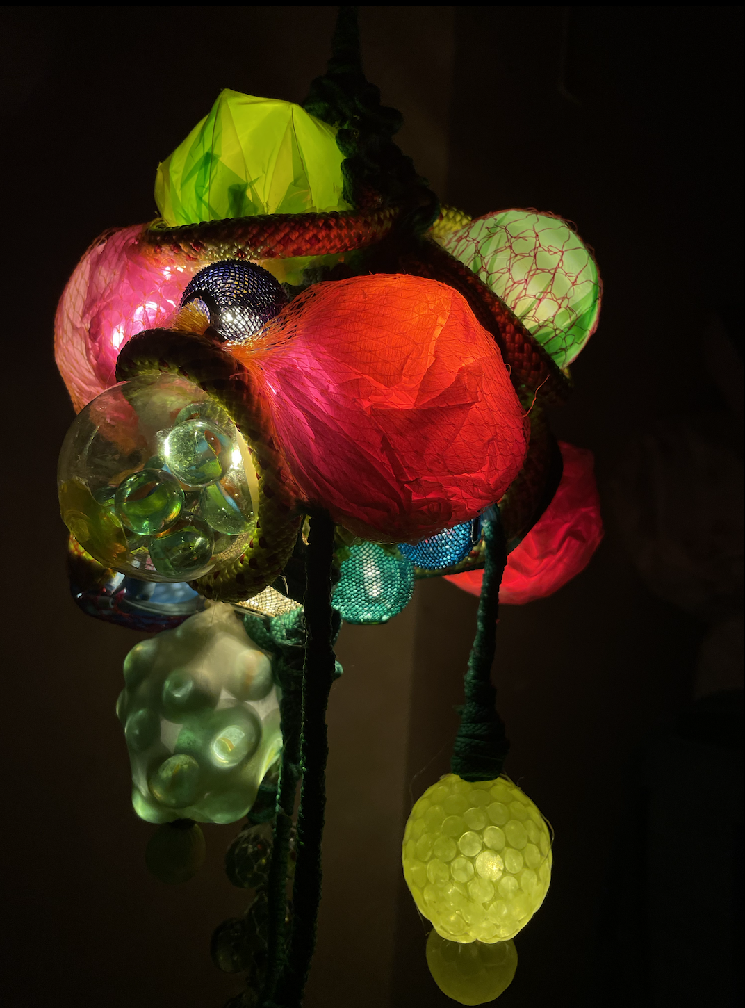 Hanging Lamp, found objects, beads, plastic, 3' x 2' , 2024