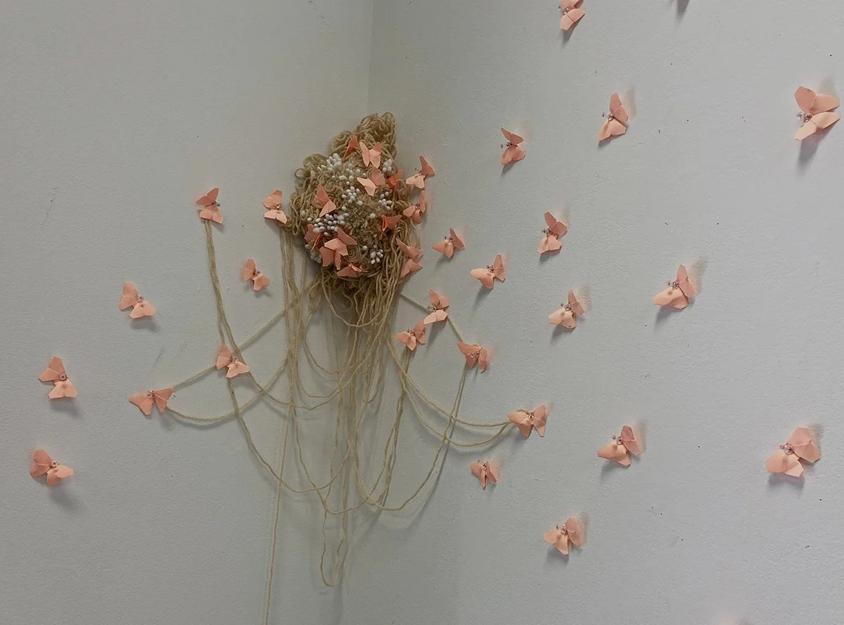Butterfly Nest, yarn, paper, 12"x 16", 2023