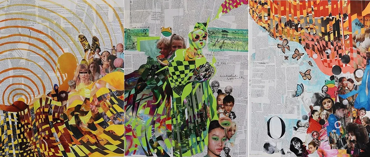 Divine Timing, woven paper collage, 2'x 5', 2021