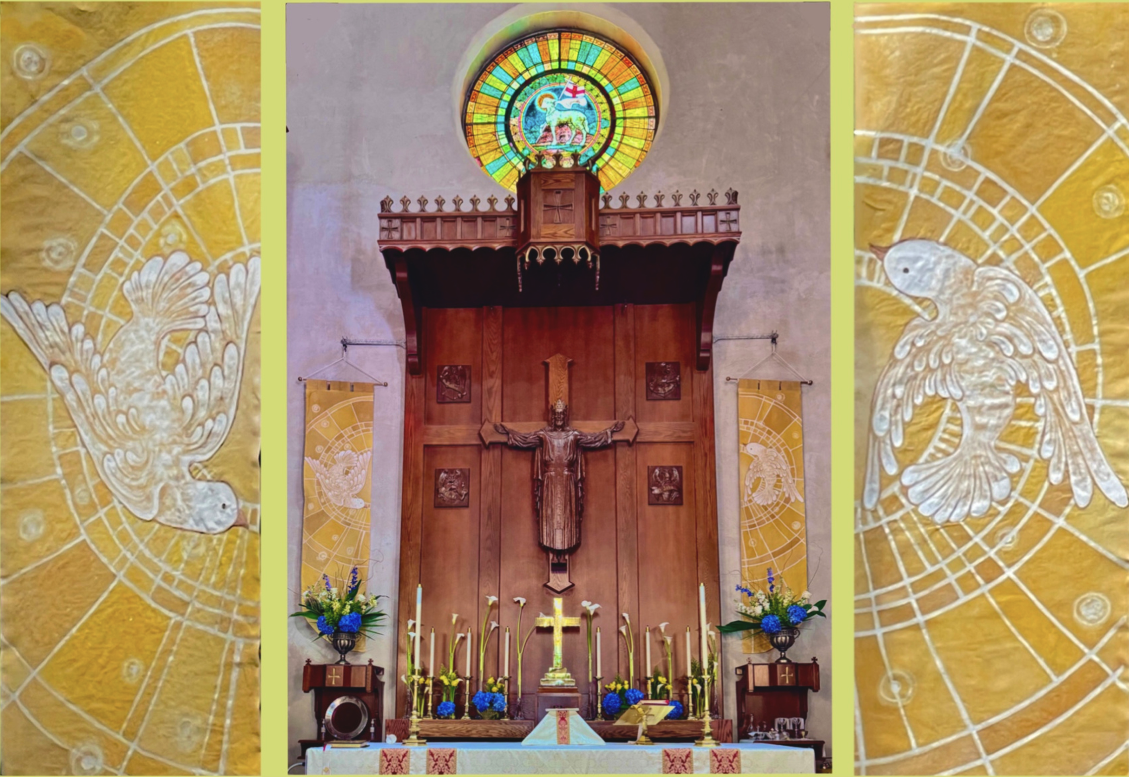 Doves of Hope, Batik Easter banners on linen, 3'x9', 2026