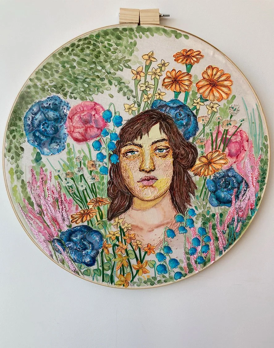 Lost in the Garden, fabric collage, embroidery, painting, 3 ft x 3 ft, 2021
