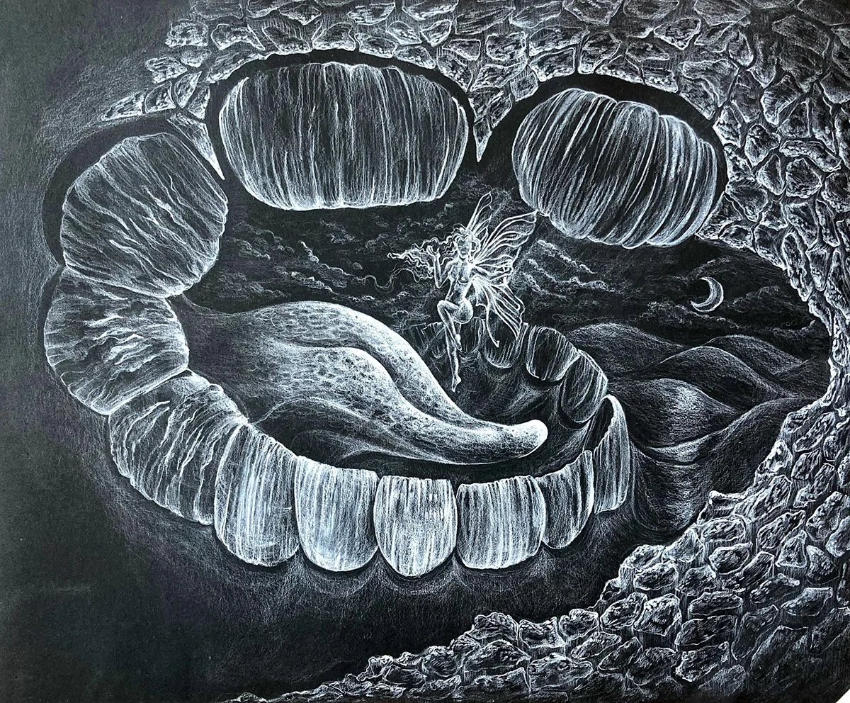 Tooth Fairy,The Spirit, white pencil on black paper, 18" x 24", 2022