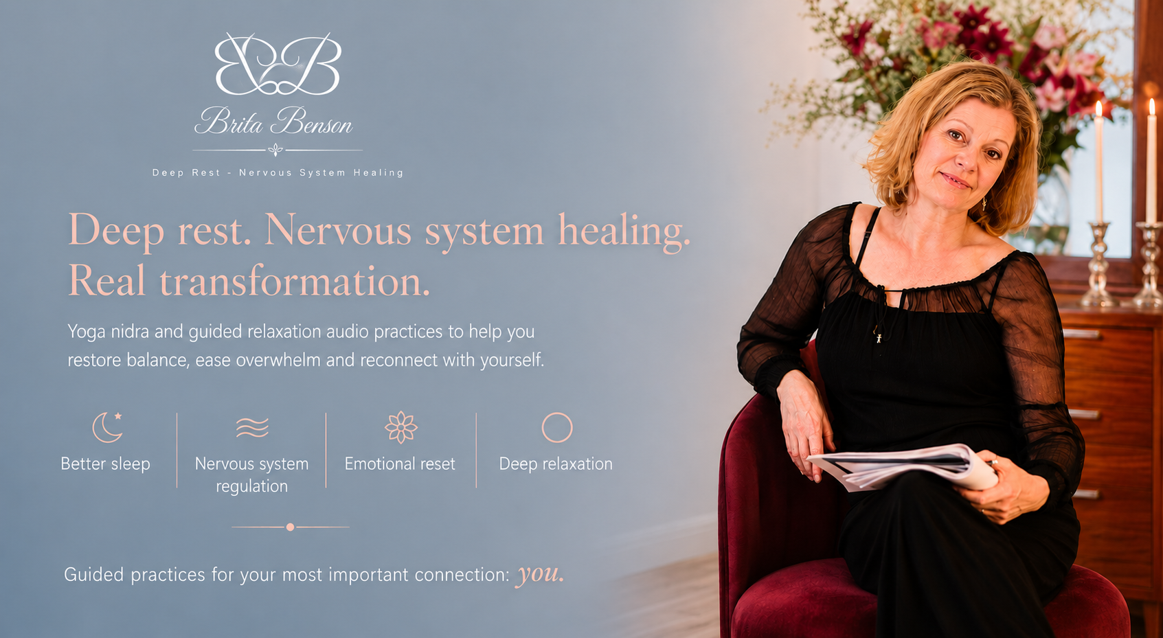 A woman with blonde curly hair sitting on a red chair, holding a book, in a room with candles, flowers, and a window, with an overlay text promoting deep rest and nervous system healing through guided audio practices.
