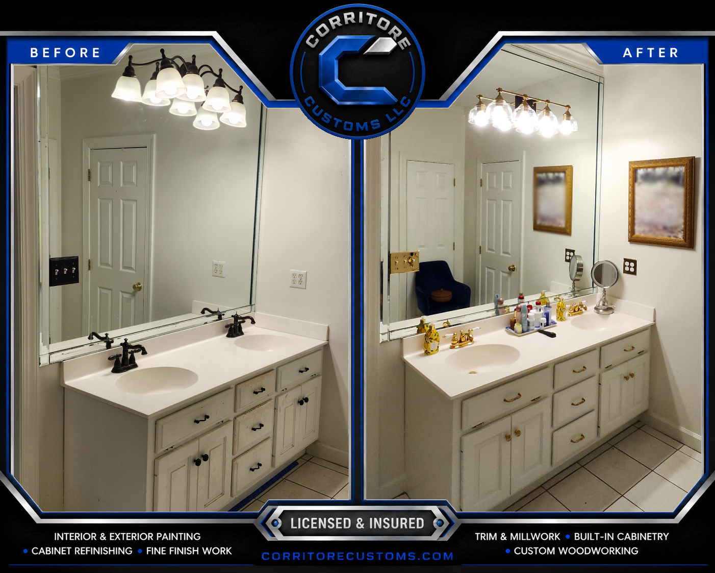 Comparison of two bathroom vanities in a mirror, labeled 'Before' and 'After,' showing a transformation.