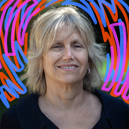 A middle-aged woman with shoulder-length blonde hair smiling outdoors, with colorful abstract lines in the background.