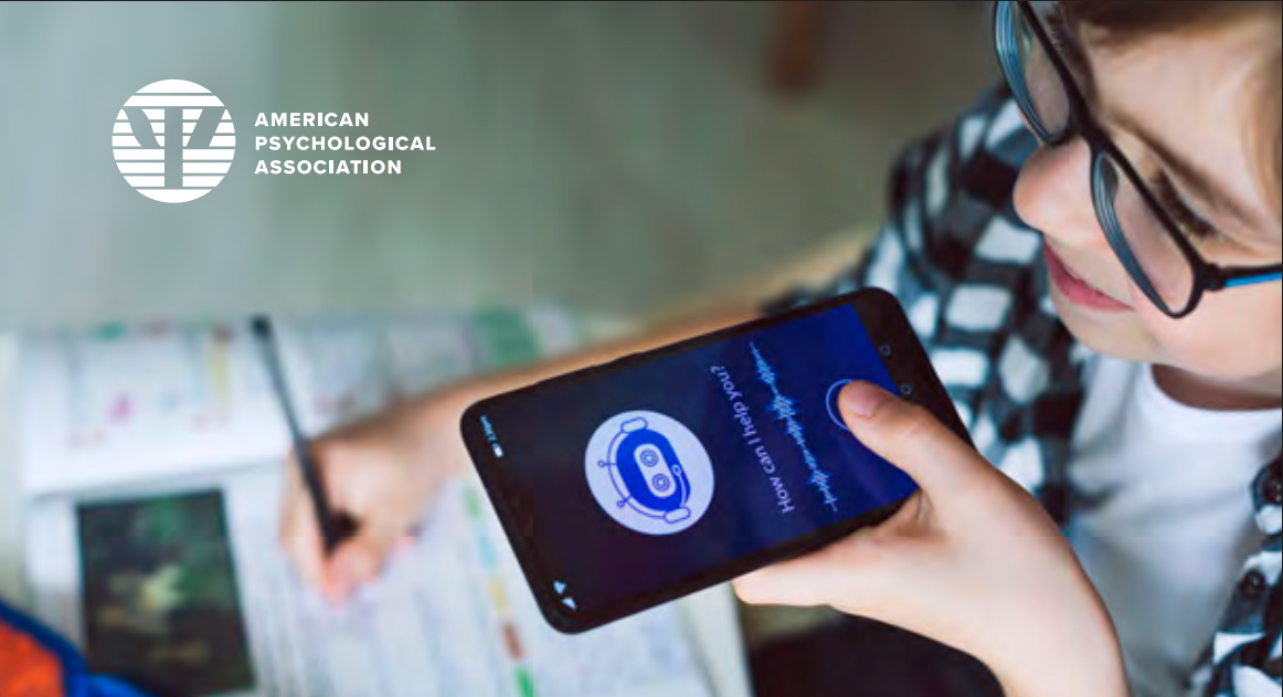 A person with glasses speaking into a smartphone with the American Psychological Association logo in the background.