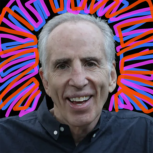 Smiling older man with gray hair and wearing a dark button-up shirt, with colorful abstract line art background.