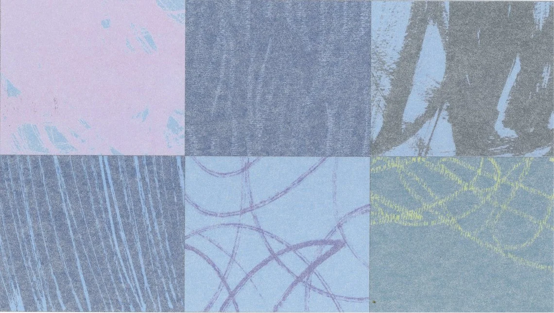 A collage of six different textured and colored abstract patterns.