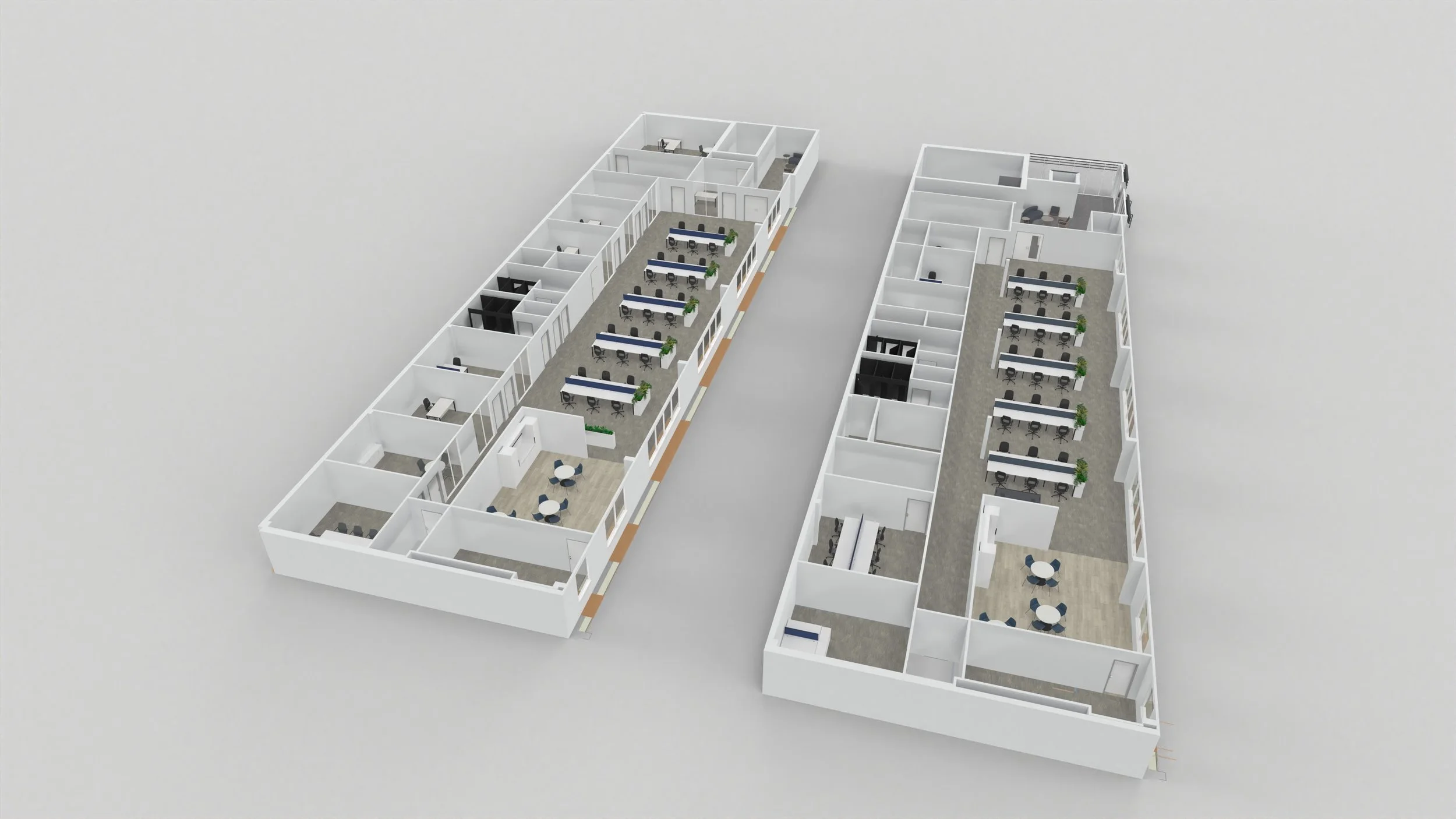 3D floor plan of an office with multiple workstations, meeting rooms, and lounge areas.