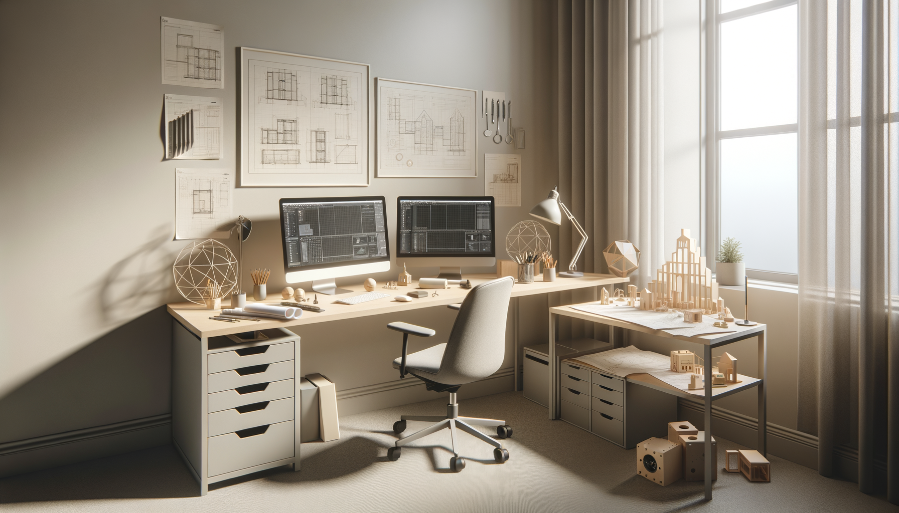 A well-lit home office with a large wooden desk, two computer monitors, architectural plans, models, and art on the walls.