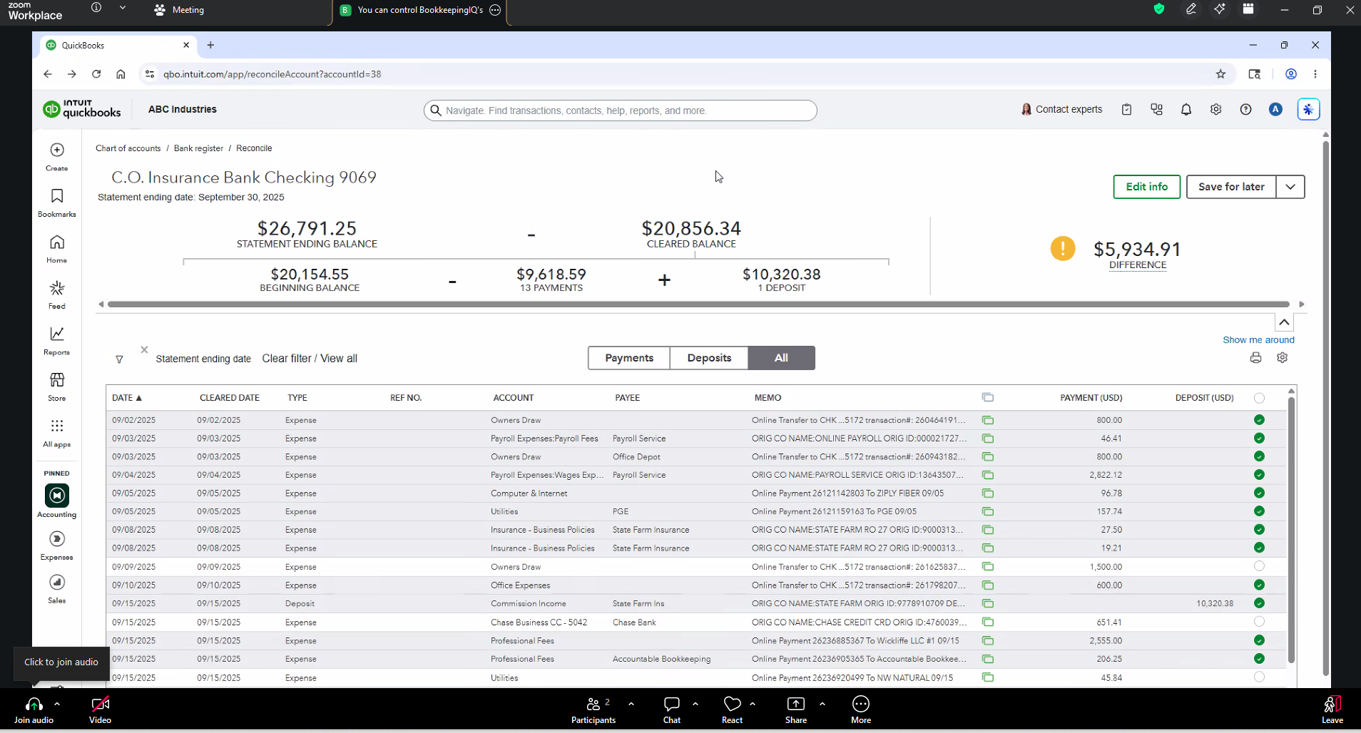 Screenshot of a QuickBooks online banking statement for ABC Industries, showing account balances, recent transactions, and payment details.