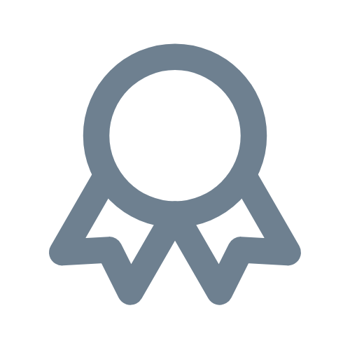A gray icon of a ribbon or award medal with two ribbons hanging down.