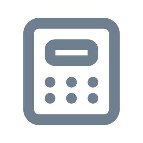 Icon of a calculator with a small display screen and six circular buttons