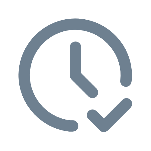 Icon of a clock with a checkmark beneath it.