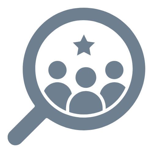 Magnifying glass icon over a group of three people with a star above them.