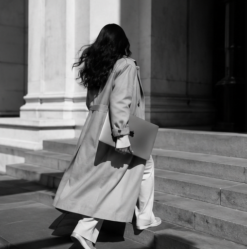 Woman with long dark hair wearing a trench coat and light-colored pants holding a laptop, walking up stairs outside a building.