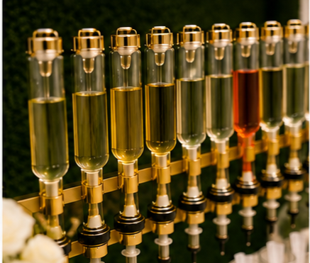 A row of glass vials filled with different perfume, aligned on a table with a blurred green background.