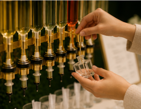 Person filling a small glass bottle from a multi-colored perfume bar at an event in an apothecary setting.