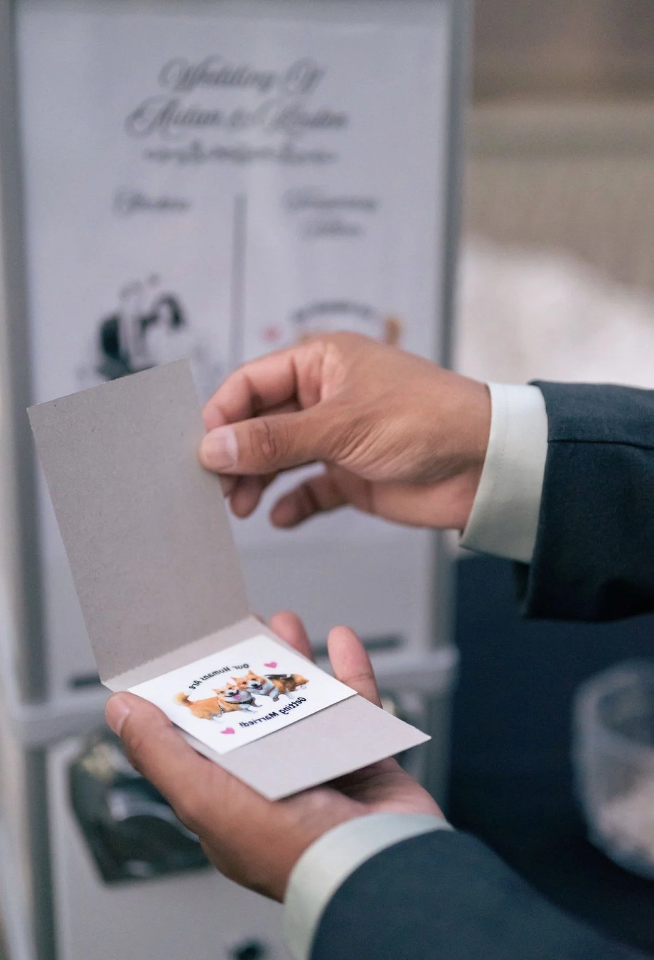 A person in a business suit is looking at a sticker with a picture of two dogs and the text 'our mamas are the best' inside, near a sticker machine.