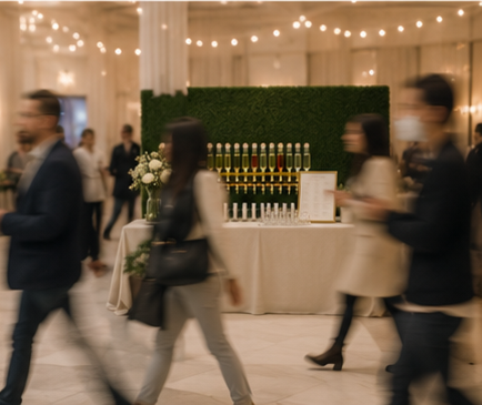 People walking in a blurred manner in a banquet hall with string lights, a decorated table with white flowers, and a backdrop with bottles lined up.