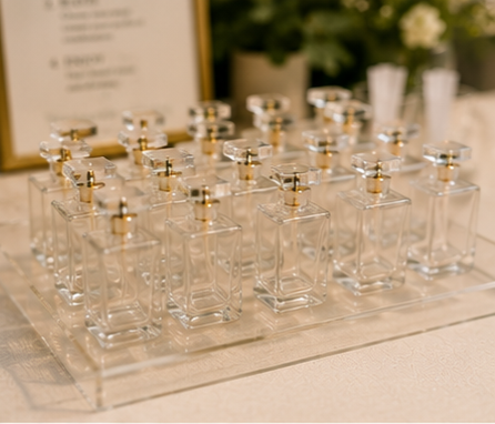 Multiple glass perfume bottles with gold caps arranged on a display table.