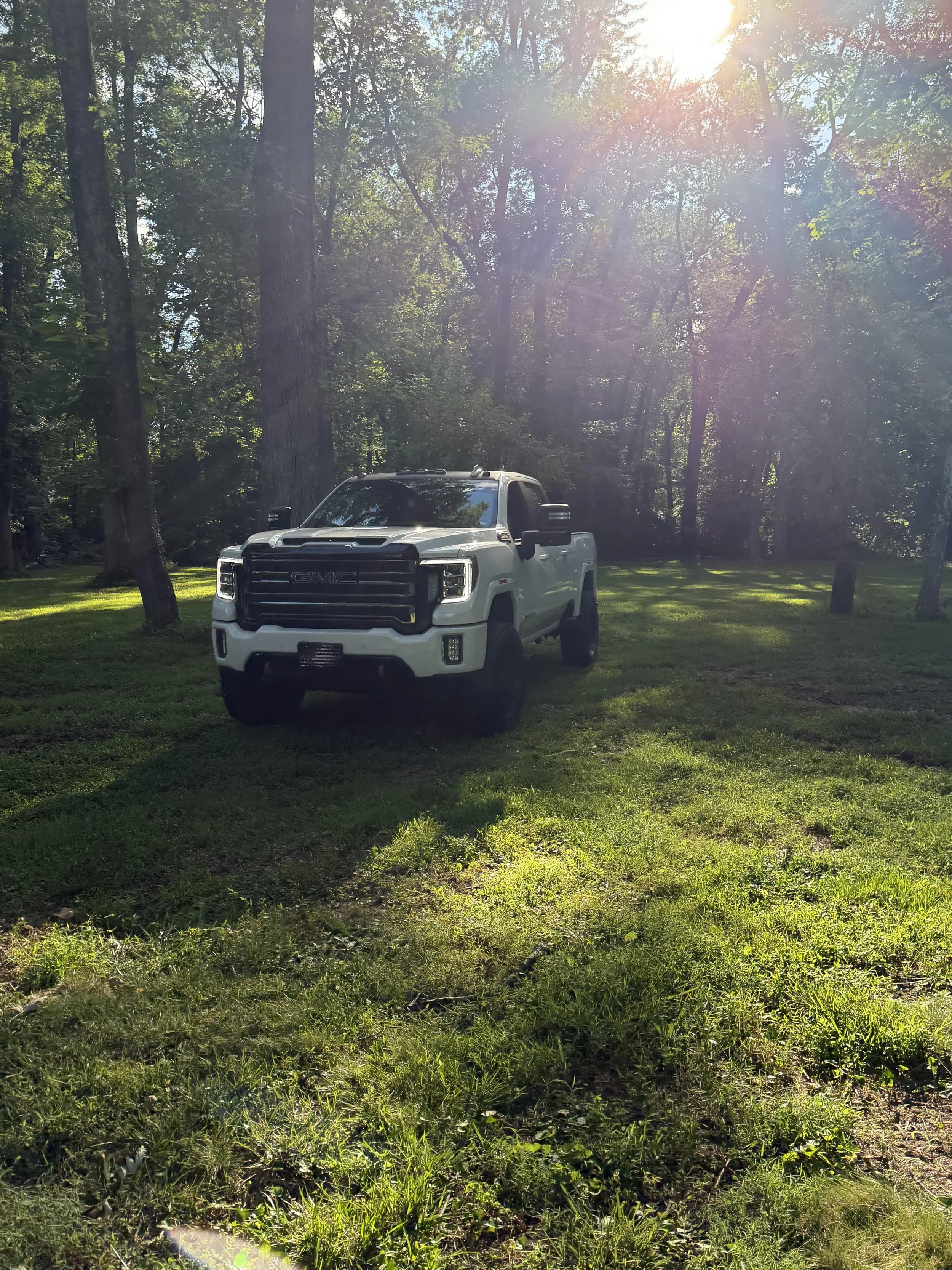 A white GMC pickup truck parked on a grassy area in a forested setting with trees and sunlight filtering through the leaves.