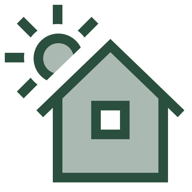 two tone green house with rising sun icon