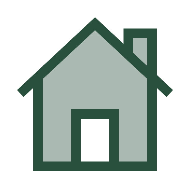 A simple graphic of a house with a triangular roof and a large door.