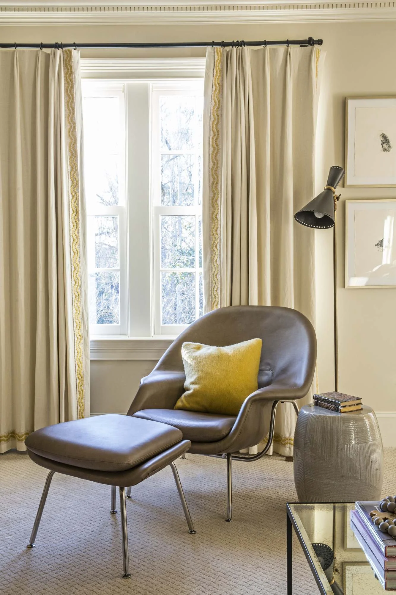 cofield-atlanta-residential-interior-design-primary-bedroom-womb-chair-banded-drapery-detail.jpg