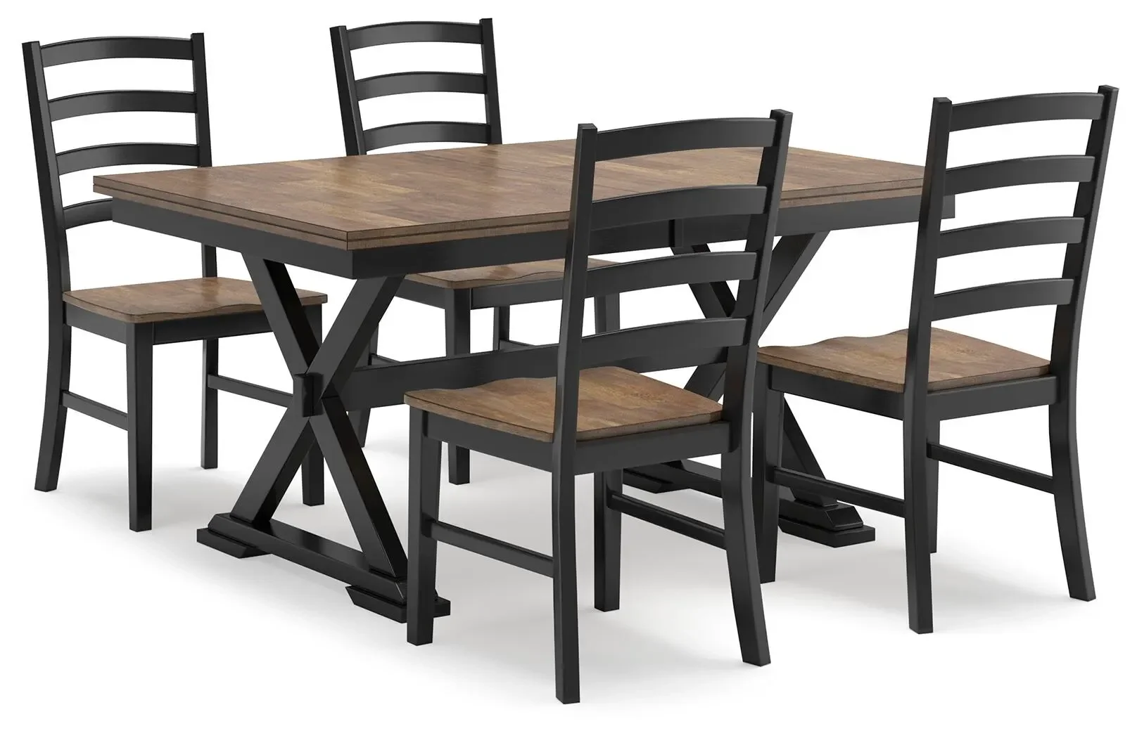 Black Windsor Dining Set with a rectangular butterfly leaf dining table and four matching black ladderback chairs.