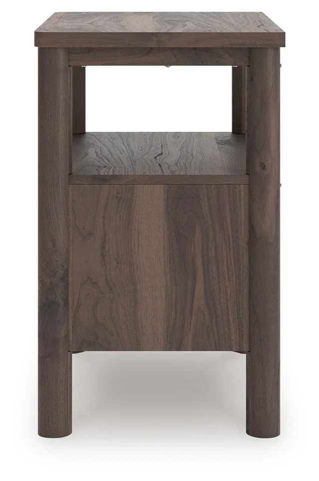 Modern one-drawer nightstand with a walnut-look finish, open shelf, ambient lighting, and built-in USB-A and USB-C charging ports.