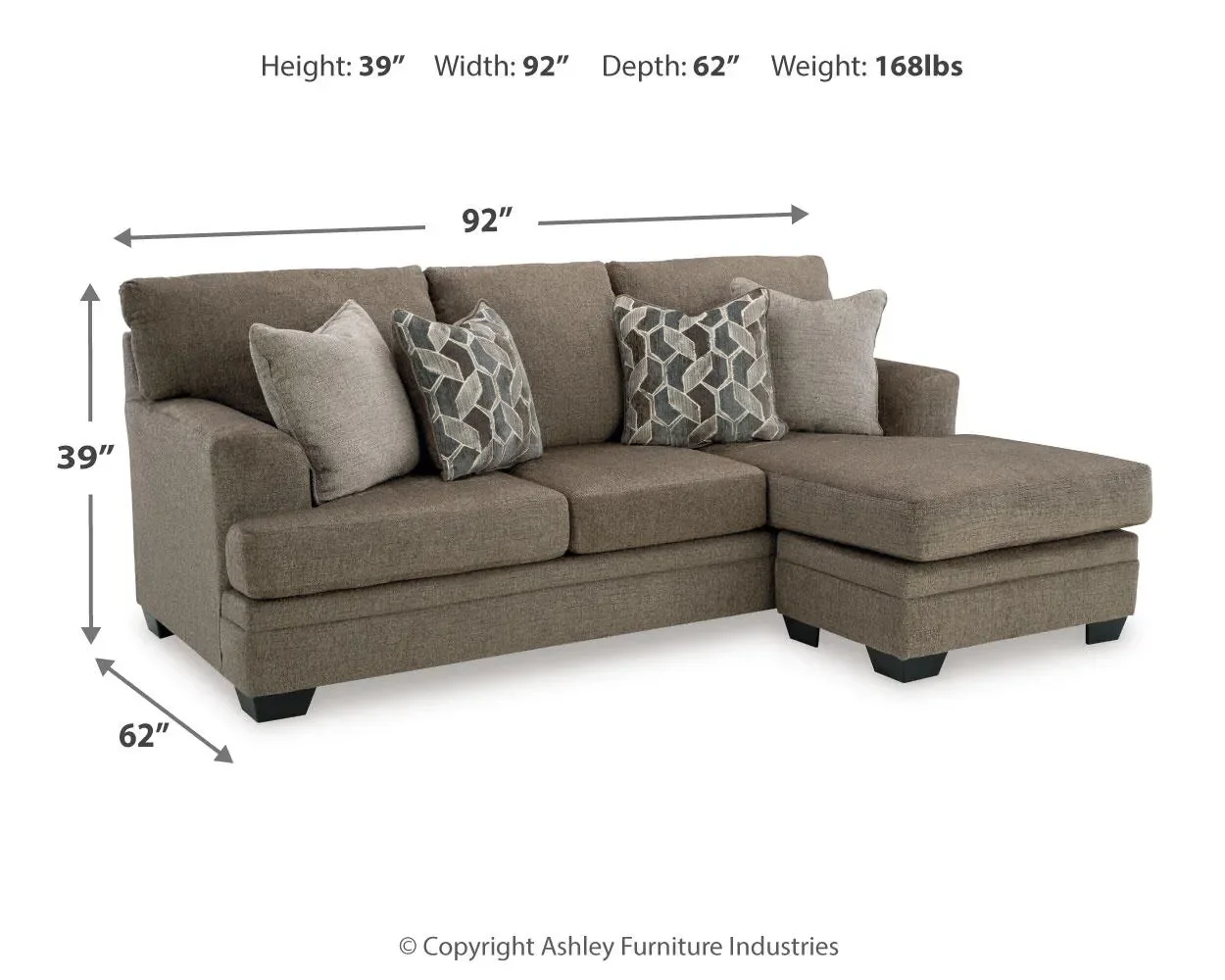 Sienna sofa chaise dimensions showing overall width, depth, and height measurements.