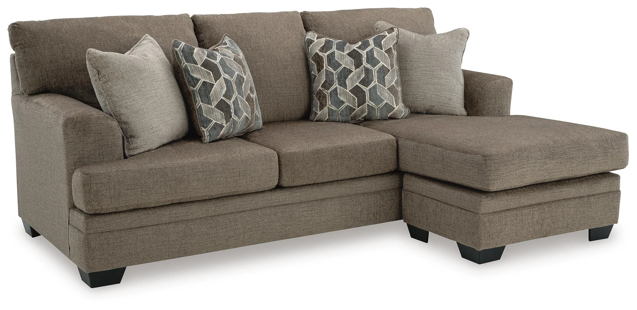 Modern reversible sofa chaise with soft polyester upholstery, movable ottoman, plush cushions, and a contemporary silhouette.