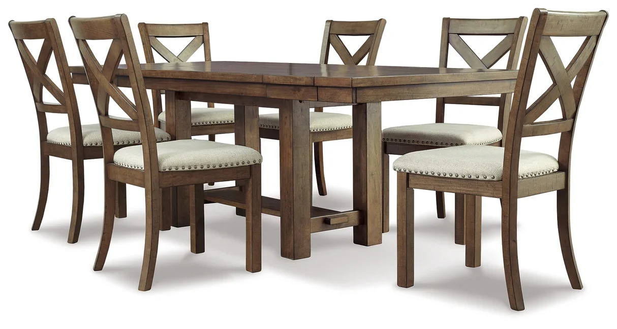 Meadowbrook 7-piece dining set with a rectangular extension dining table and six upholstered dining chairs on a white background.
