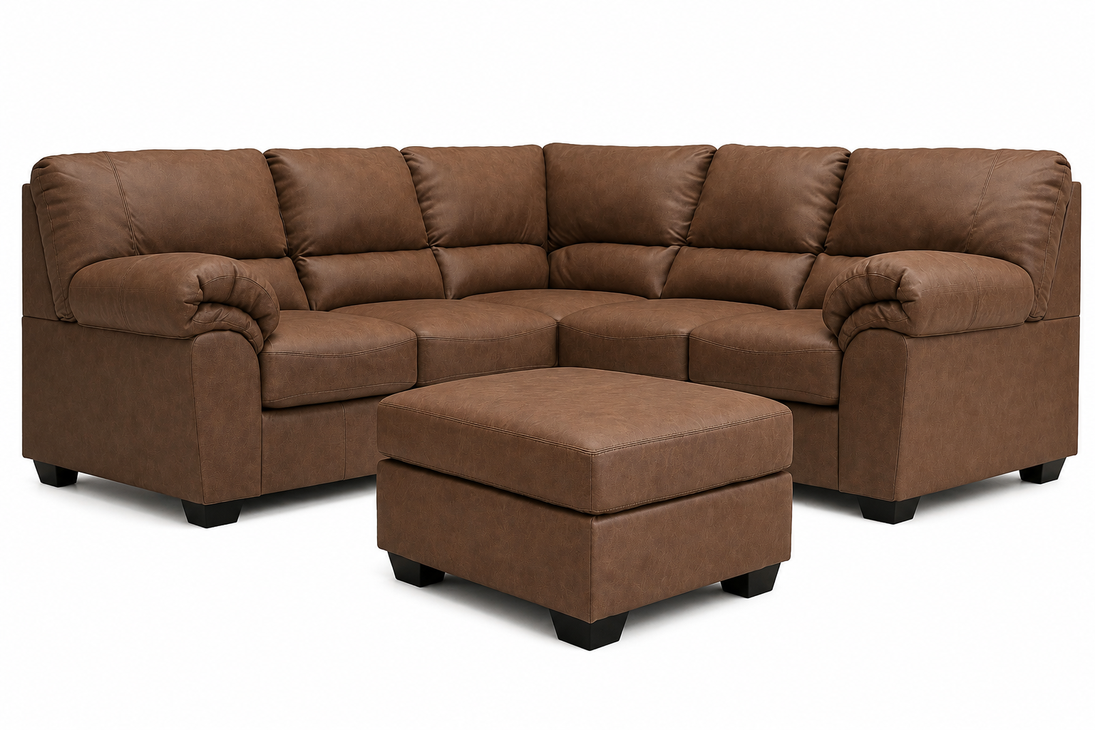 Weston sectional collection with a faux leather sectional and matching oversized ottoman on a white background.