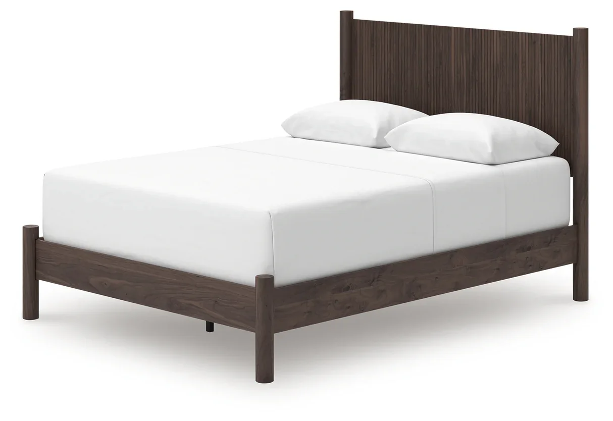 Modern panel bed with a rich walnut-look finish, clean lines, and contemporary styling.